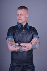 Leather Polo Shirt with Blue Stripes